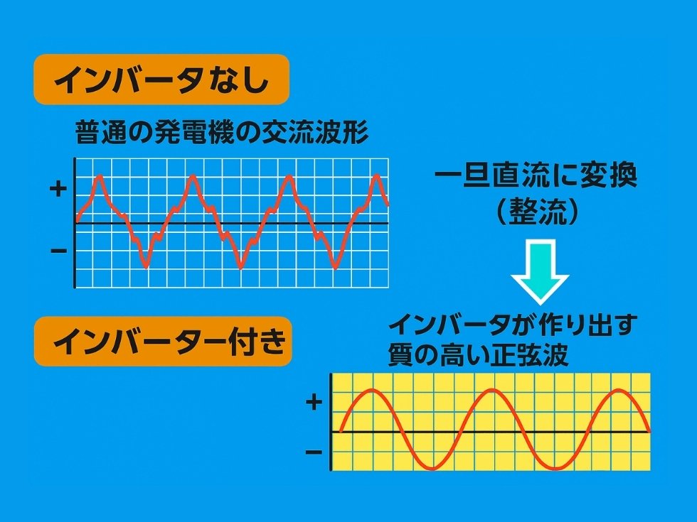 インバーター発電機の周波数と一般の発電機の周波数を比べた図解