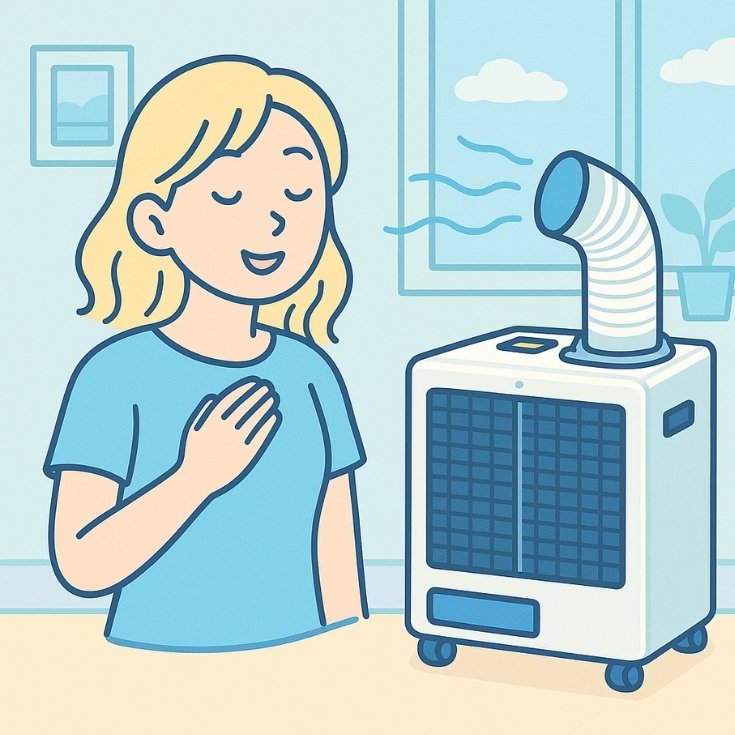 スポットクーラーを使って涼む女性のイラスト