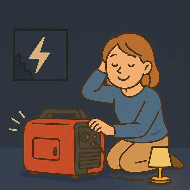 停電中に発電機を使う女性のイラスト