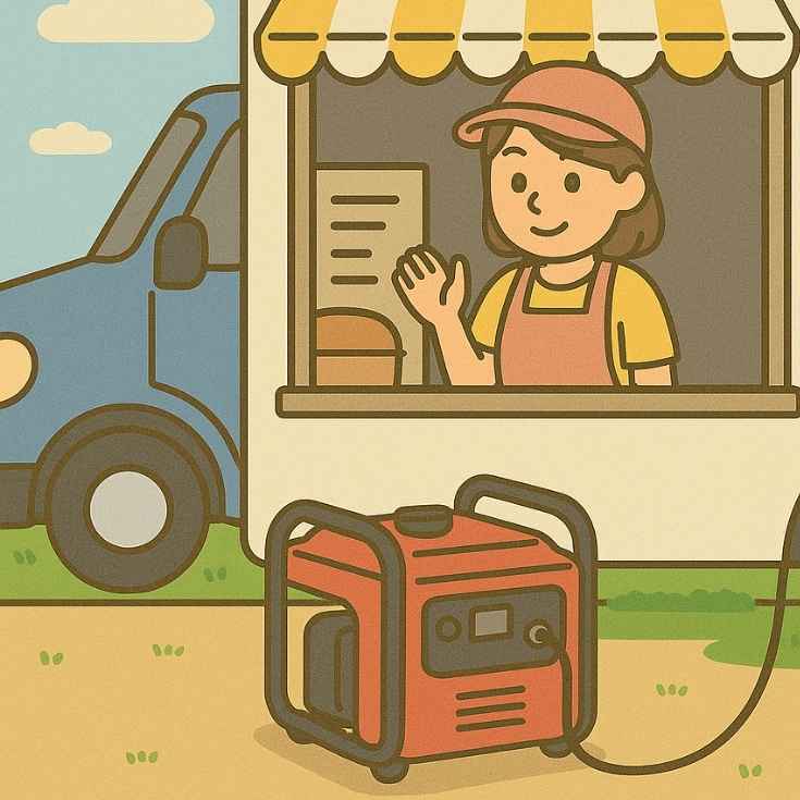 キッチンカーで発電機を使う女性