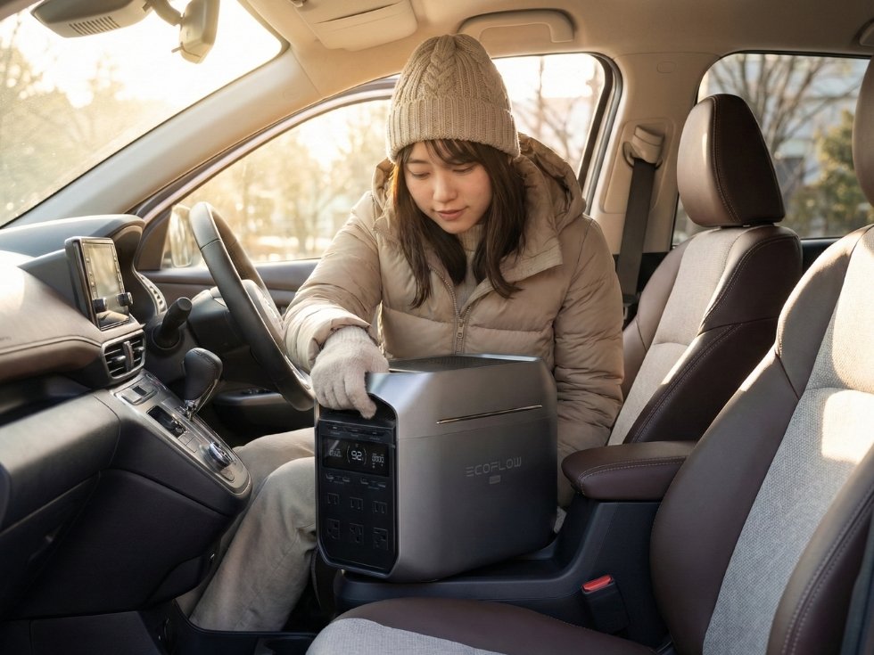 エコフローデルタ３プラスを車の運転席に積む女性