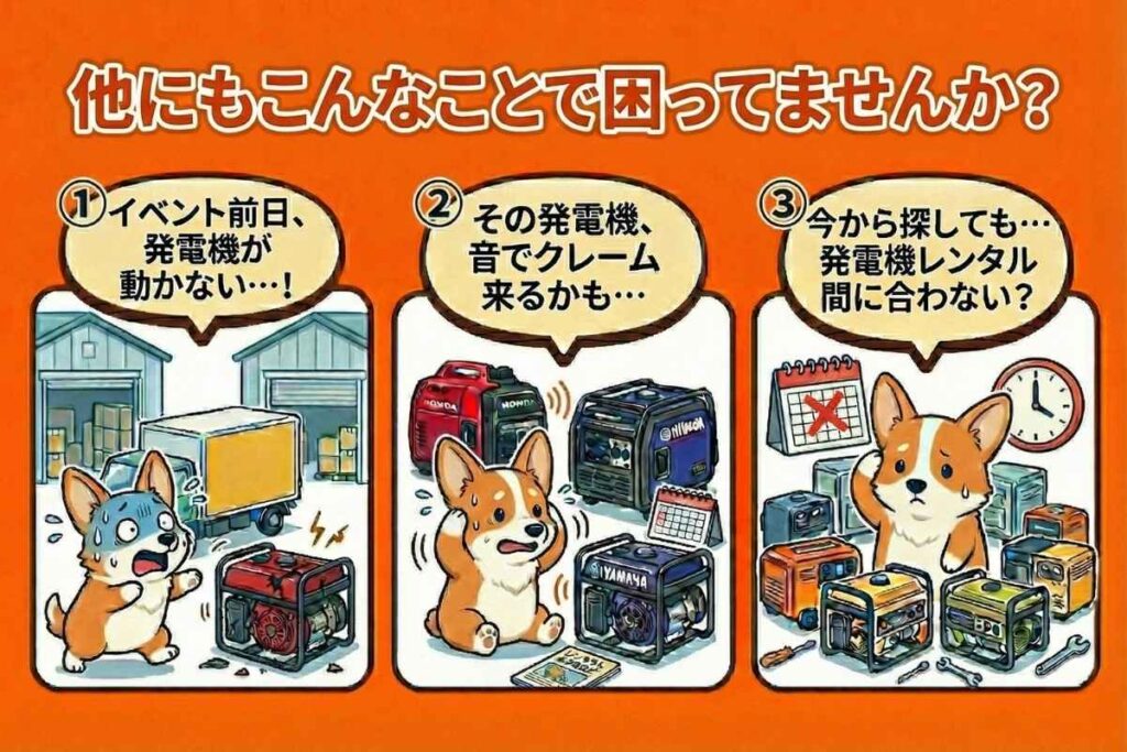発電機レンタルの問題提起イラスト