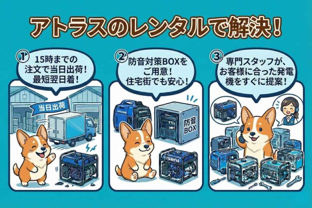 発電機レンタルの問題提起を解決する提案イラスト