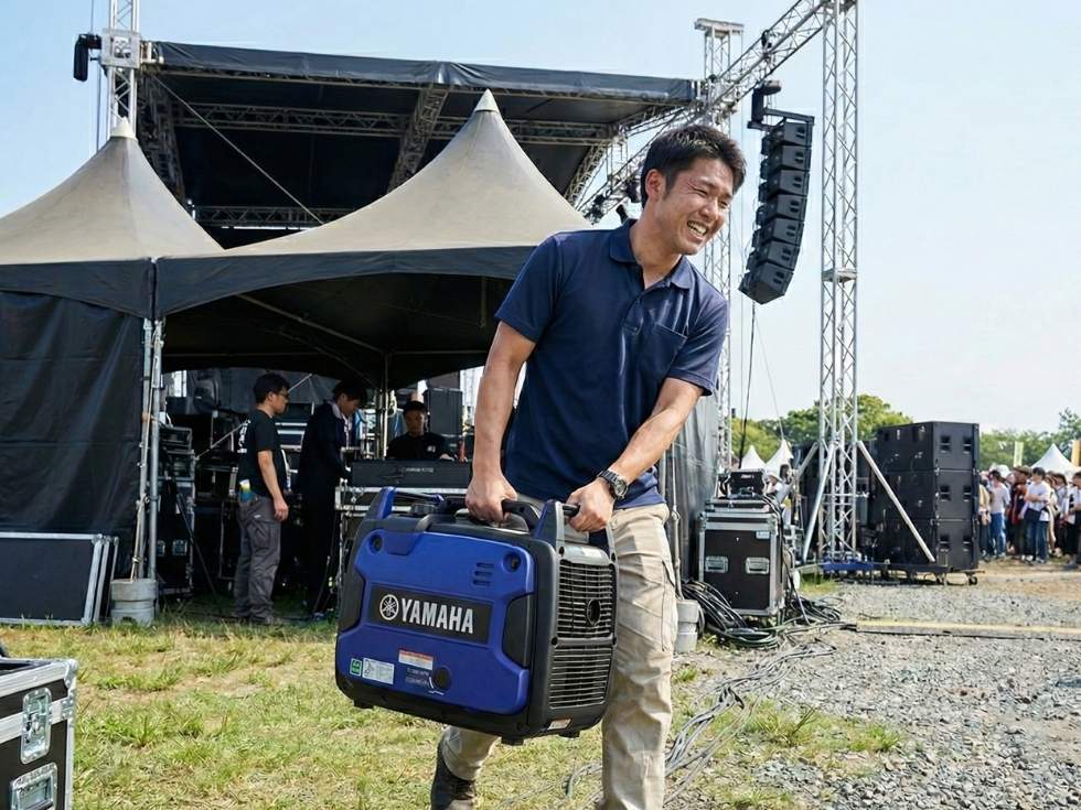 yamaha発電機をイベント会場で持ち運ぶアトラスのスタッフ