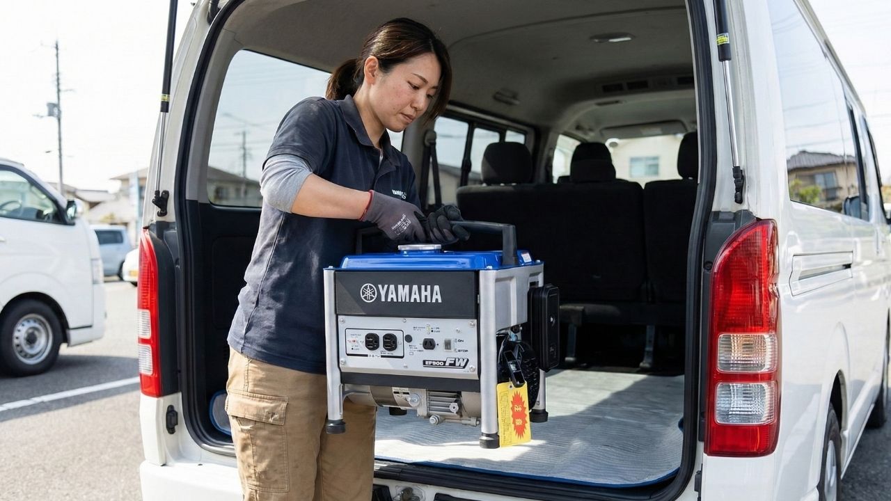 ハイエースにヤマハ発電機EF900FWを積み込むアトラスの女性スタッフ