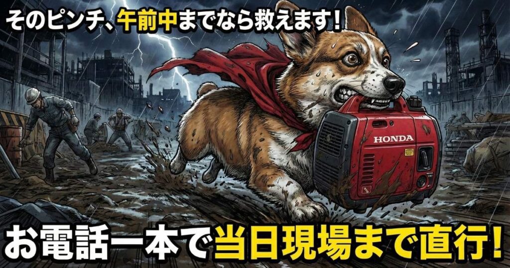 そのピンチアトラスなら救えますのイラスト・イメージキャラクターコーギーが発電機を運ぶイラスト