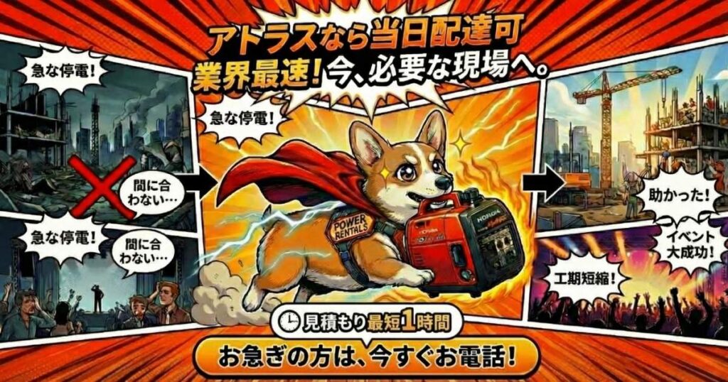 発電機を配達する当社のイメージキャラクター・コーギーのマルちゃん