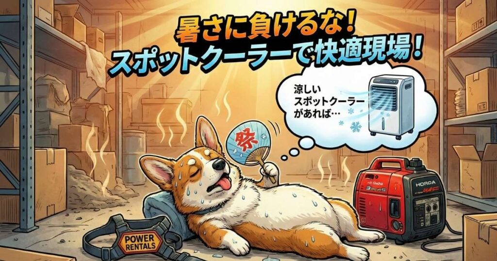 倉庫で暑さを堪え仕事の効率が上がらないコーギーとスポットクーラー