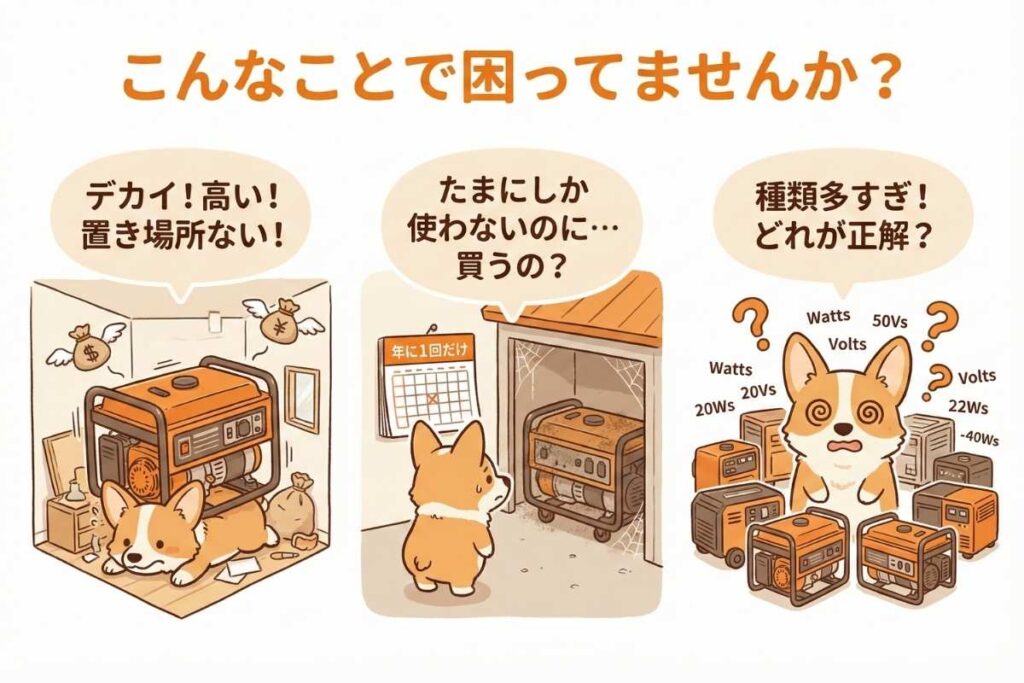 発電機をレンタルする問題提起のイラスト　コーギーと発電機