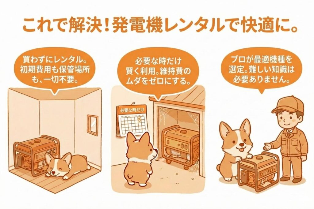 発電機レンタルの問題提起と解決策を示したイラスト