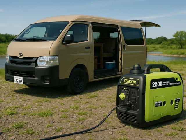 ハイエースとレンタルEENOUR発電機を河原で撮影