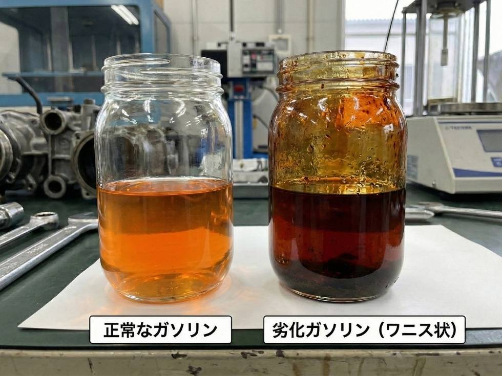 正常なガソリンとワニス化したガソリンの比較・ガソリンはオレンジ系で着色あり