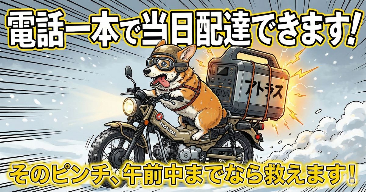 イラスト　ポータブル電源を運ぶコーギー　アトラスマスコットキャラまるちゃん