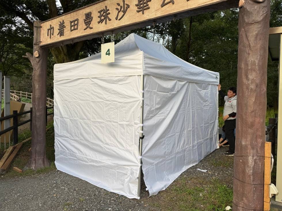 巾着田公園の曼珠沙華祭りで横幕を取り付けるアトラスのスタッフ亀山