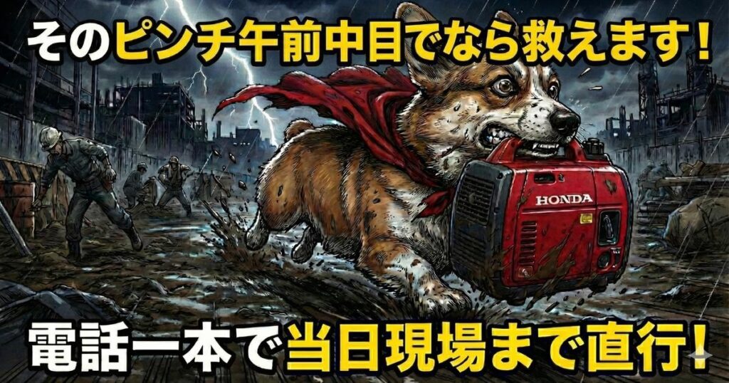 発電機を咥え雨の中を泥だらけになり疾走するコーギー