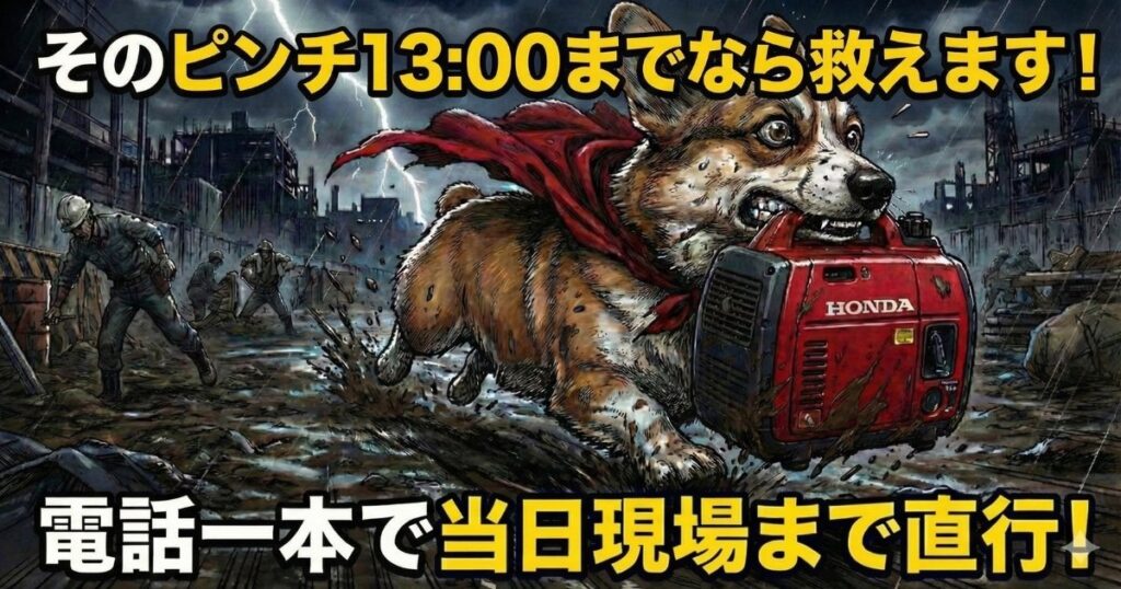 アトラスのレンタル発電機を咥え13:00までに現場に急行するコーギー