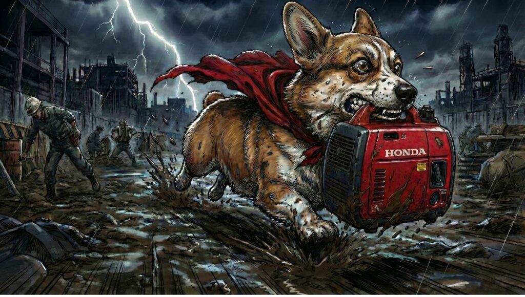 雨の中発電機を咥え走るマスコットキャラのコーギー