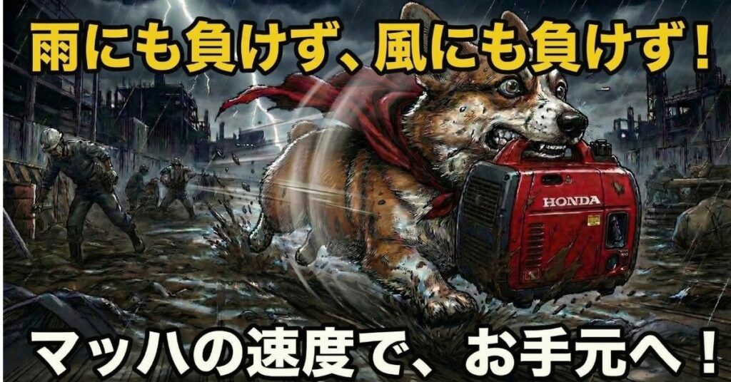 コーギーが発電機を咥えて現場を疾走するイラスト。マッハ便のキャラクター