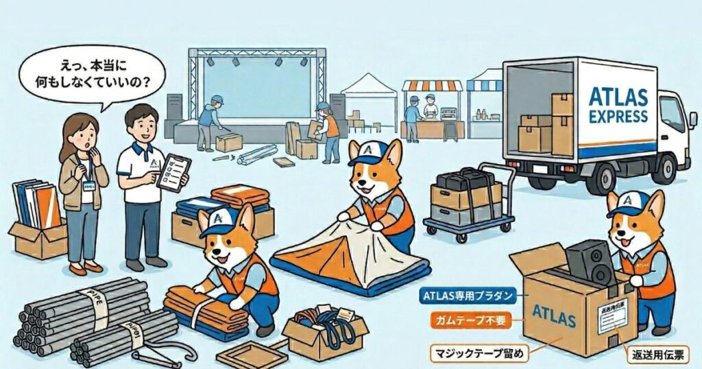 イベント会場の後片付けをするアトラスのイラスト