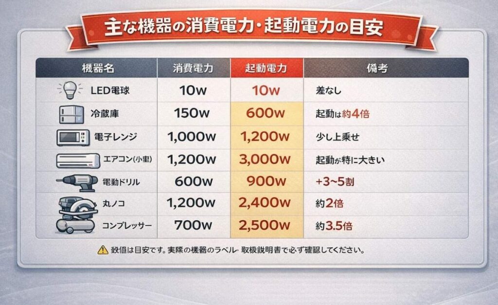 機動電力の早見表