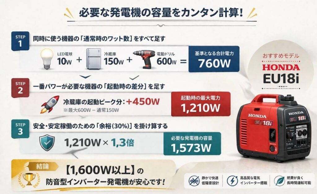 家電の合計W数に対して選ぶべき発電機をわかりやすく解説したイラスト