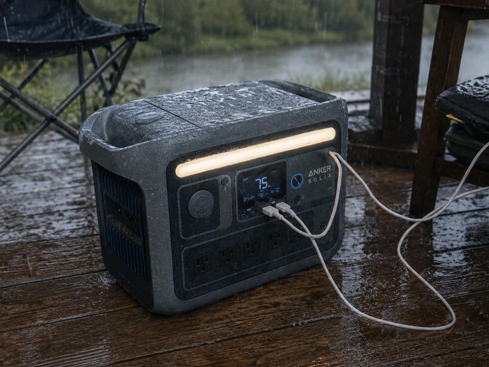 ポータブル電源を土砂降りの雨で使ってる風景
