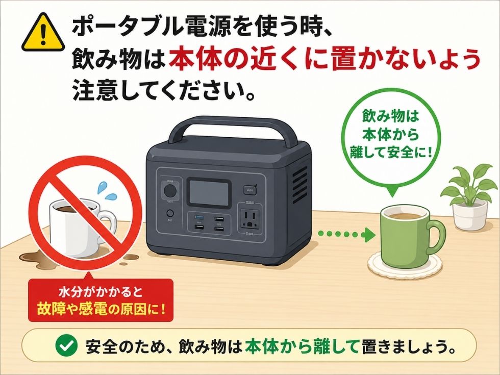 ポータブル電源を使う時の注意喚起「飲み物を近くに置かない」
