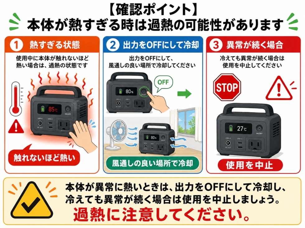 ポータブル電源本体がさわれないほど暑くなった時の対処法を図解で解説