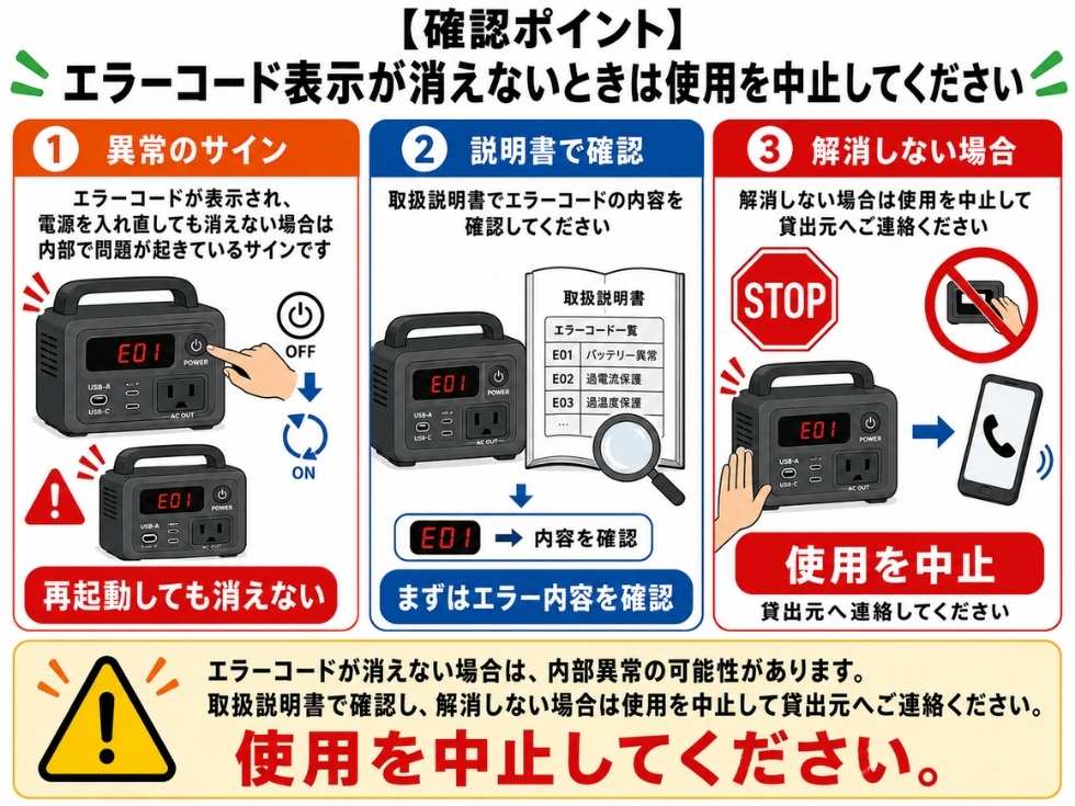 ポータブル電源のエラーコードが消えない場合の対処方法