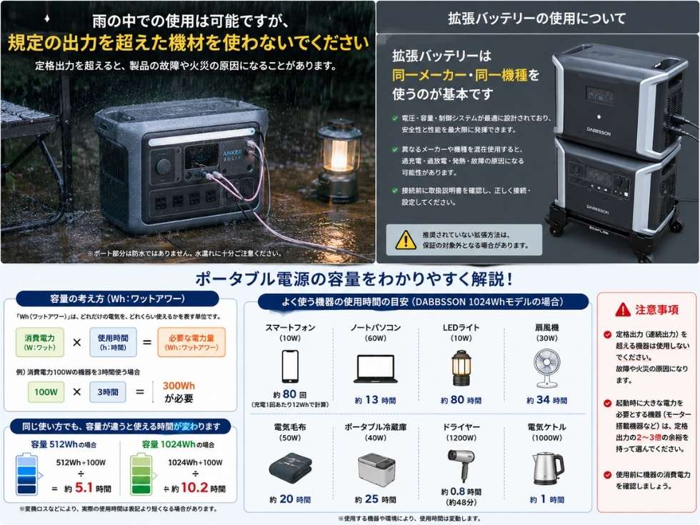 ポータブル電源の定格出力に関しての図解