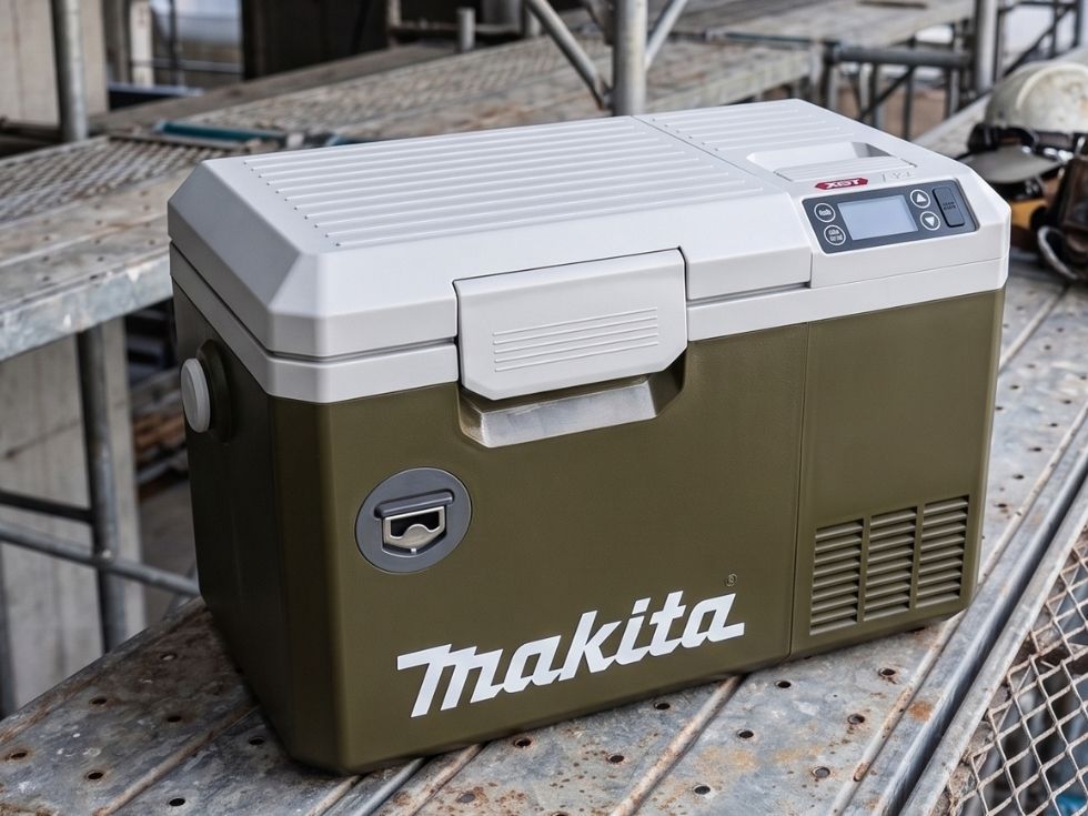 屋外作業現場の足場に置かれたマキタ製保冷温庫CW003GZ