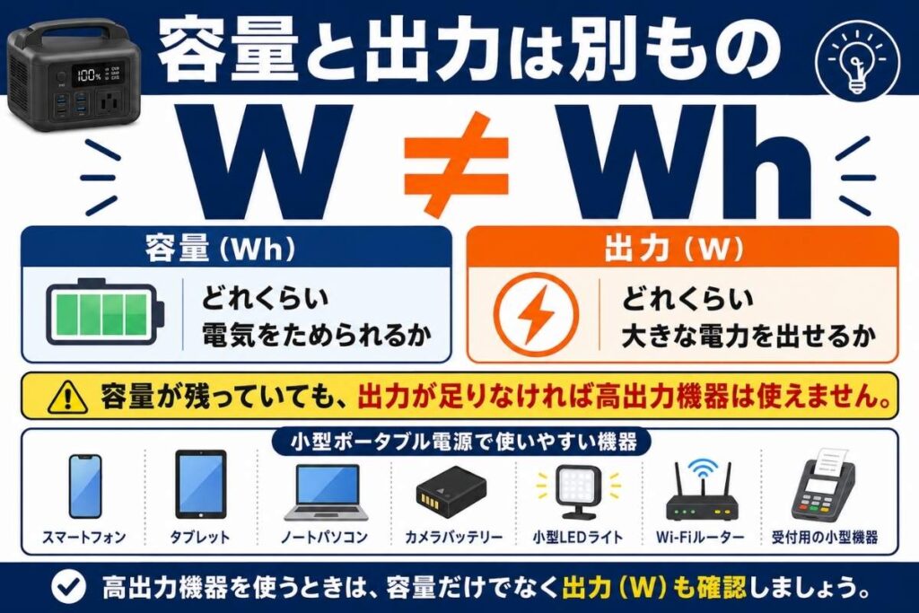 ポータブル電源の容量と出力の違い、小型機器に向いている用途を説明するイラスト