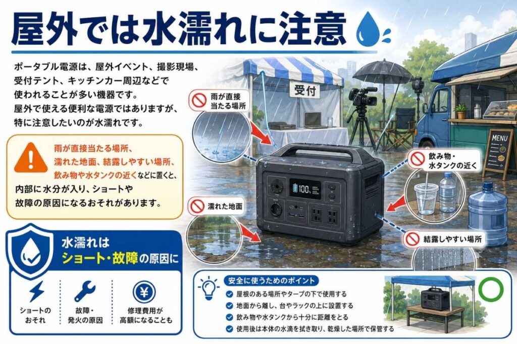 雨や濡れた地面、水タンク付近での使用によるポータブル電源の水濡れリスクを解説するイラスト