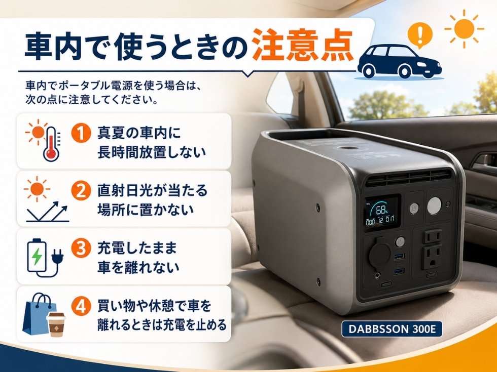 車内でポータブル電源を使う際の注意点として真夏の車内放置、直射日光、高温環境を避けるよう案内するバナー