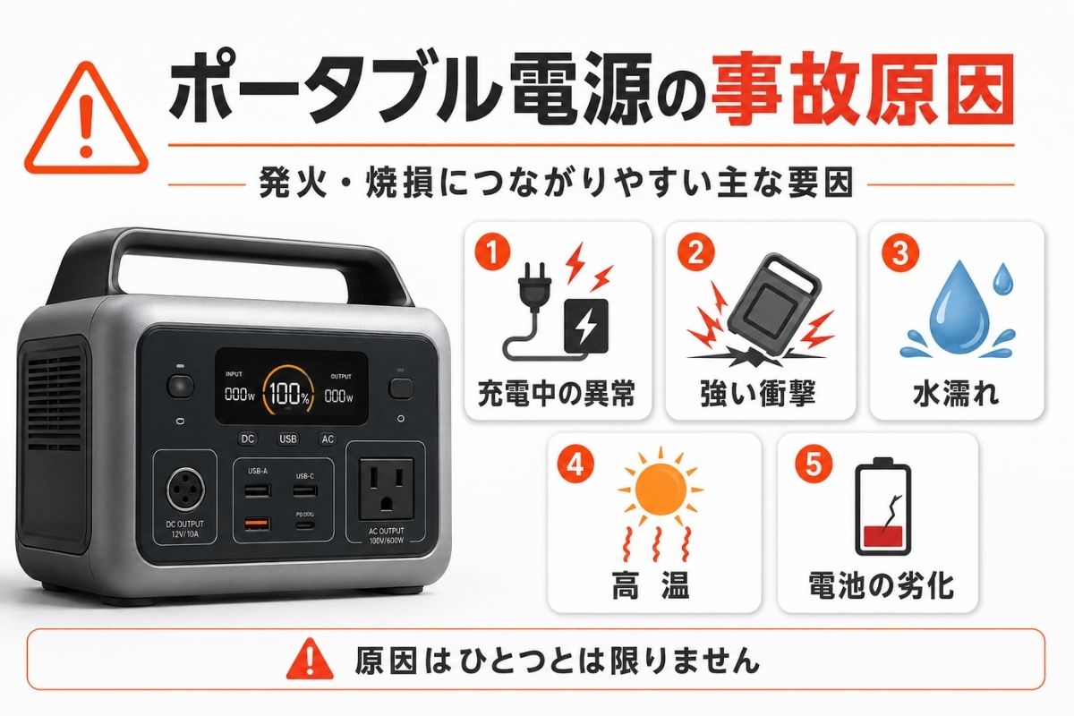 ポータブル電源の事故原因｜発火・車内放置・充電中の注意点を解説
