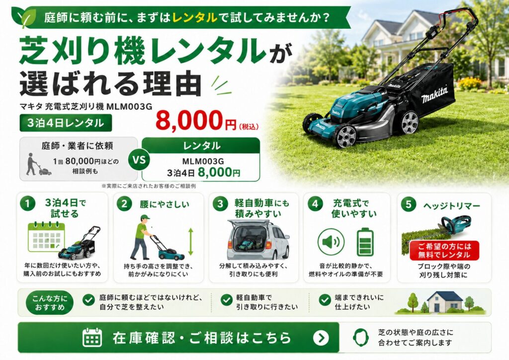 庭師費用が気になるお客様向けにマキタMLM003G芝刈り機レンタルを紹介