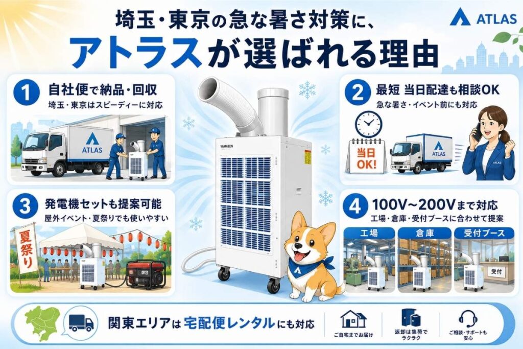 東京・埼玉のスポットクーラーレンタルでアトラスが選ばれる理由を説明したイラスト