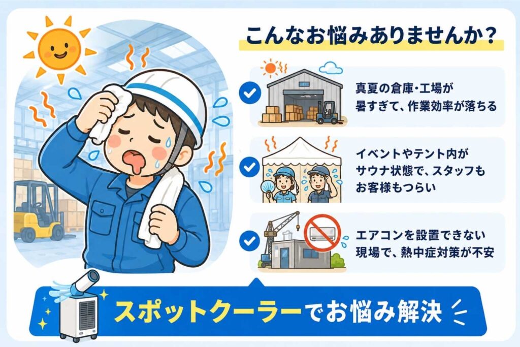 スポットクーラーレンタルで倉庫・工場・イベント会場の暑さ対策の悩みを解決するイラスト