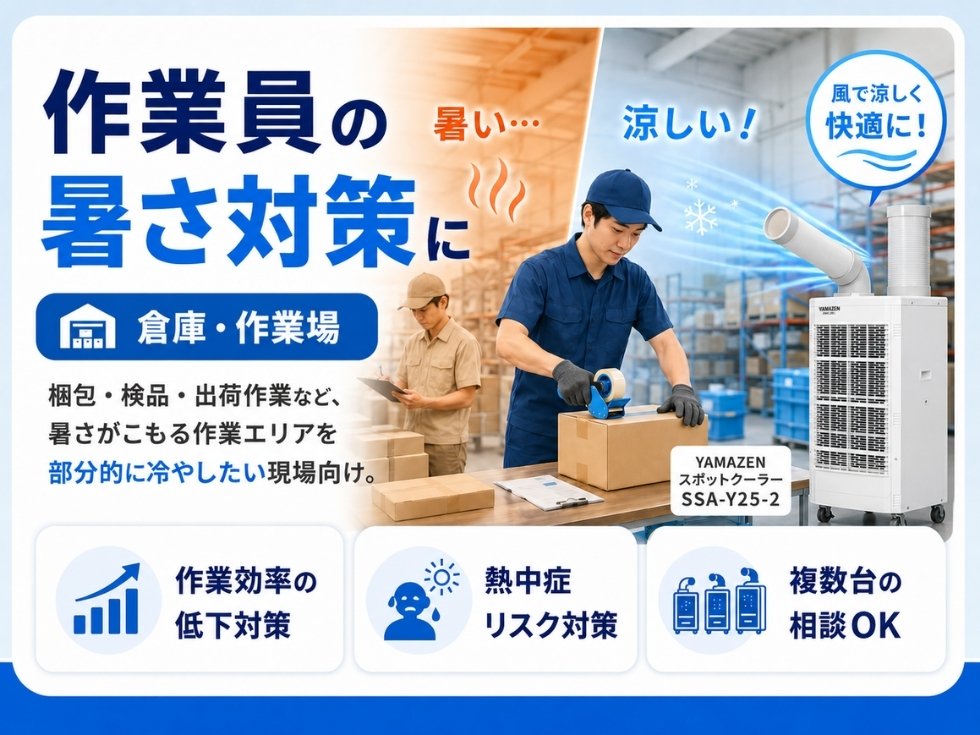 倉庫内で作業する従業員が山善 SSA-Y25-2スポットクーラーで暑さ対策をしている様子