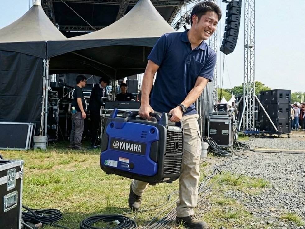 イベントスタッフが発電機を運搬している様子