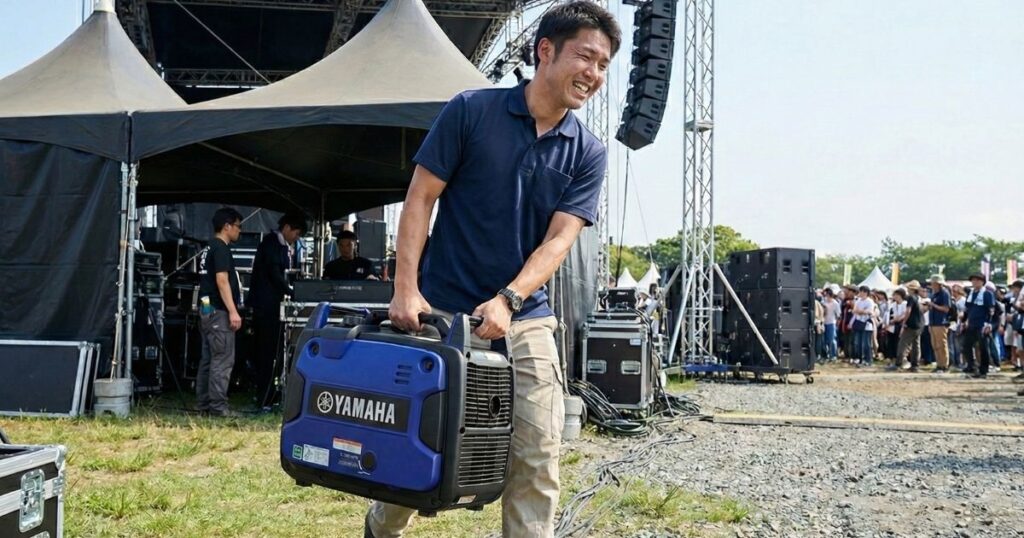ヤマハEF1800iS発電機をイベント会場で持ち運ぶ様子