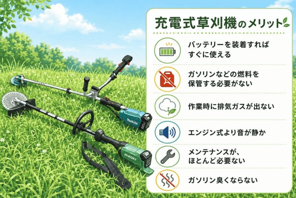 充電式草刈機のメリットをまとめたイラスト