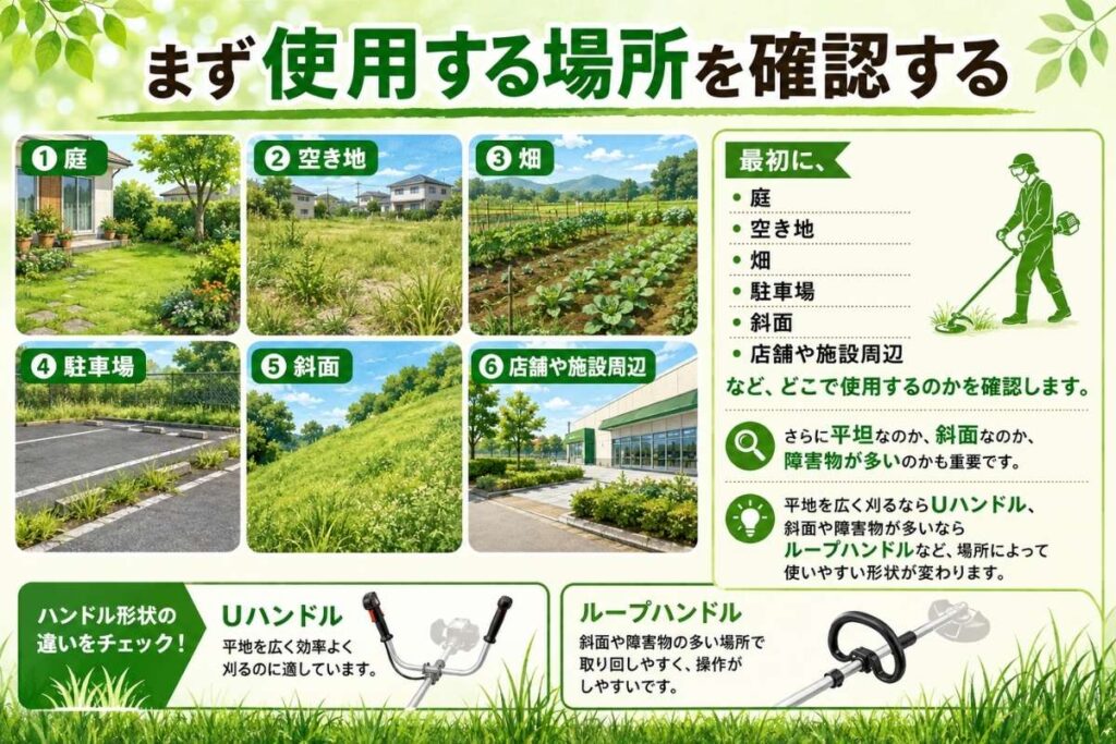 使用場所に合わせた充電式草刈機の選び方を説明するバナー