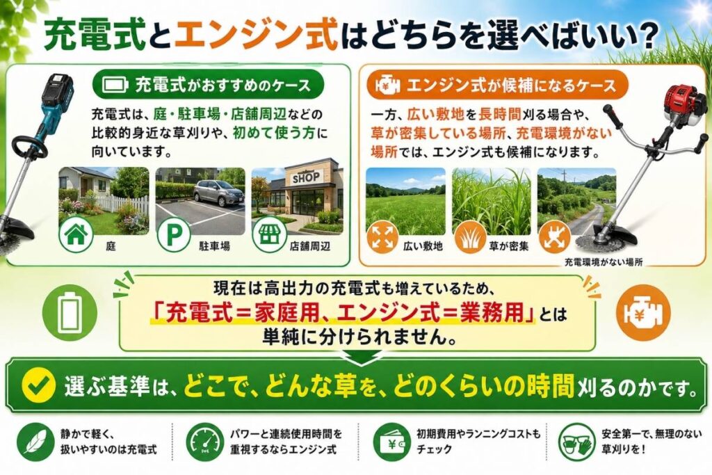 充電式とエンジン式の草刈機を使用場所・草の状態・作業時間で比較するバナー