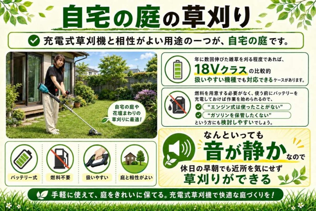 マキタ充電式草刈機で自宅の草刈りをするイラスト